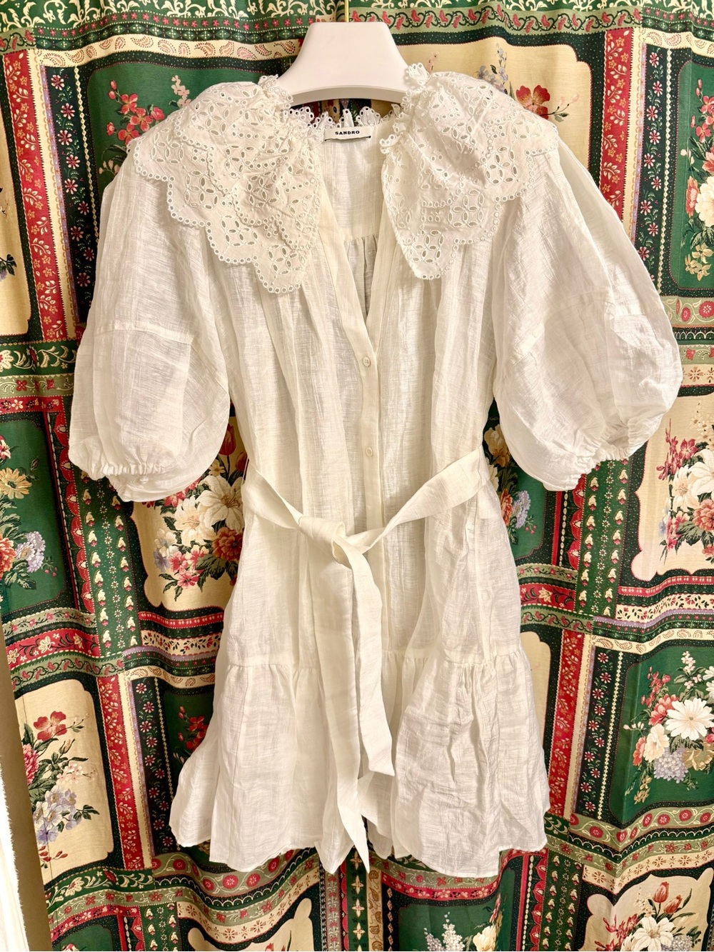 Sandro Emiliana Embroidered Linen Blend Mini Dress Puff Sleeve Broderie Anglaise